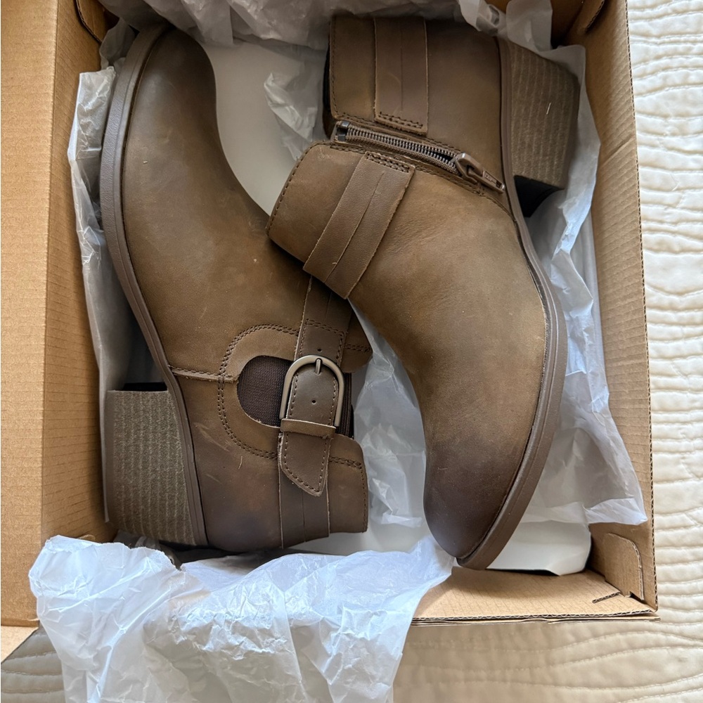 Clarks Taupe/Brown Buckle Ankle Booties